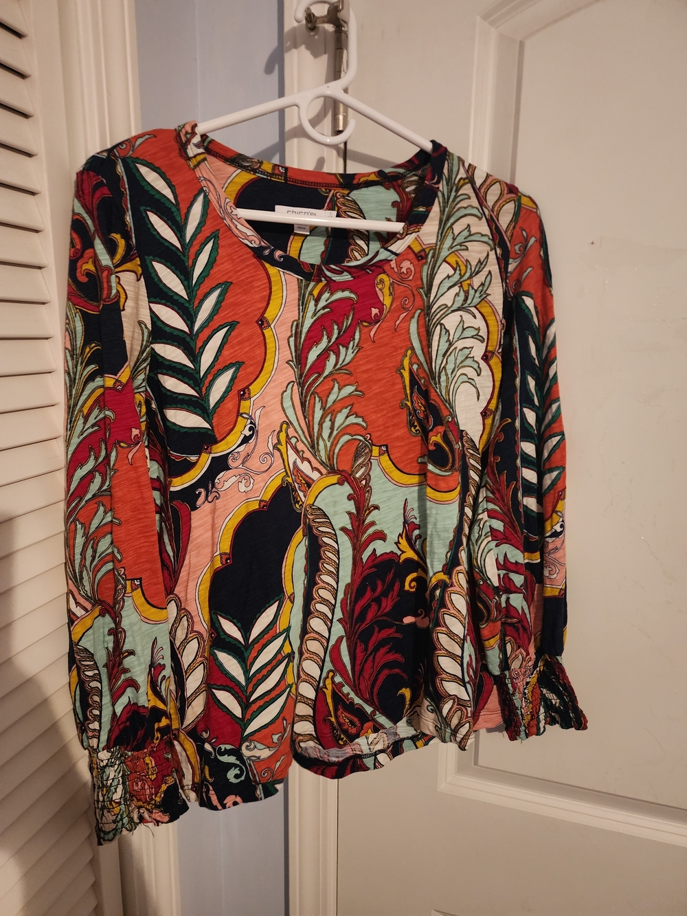 Chico's Long Sleeve Multi-Color Paisley Leaf Print Top
